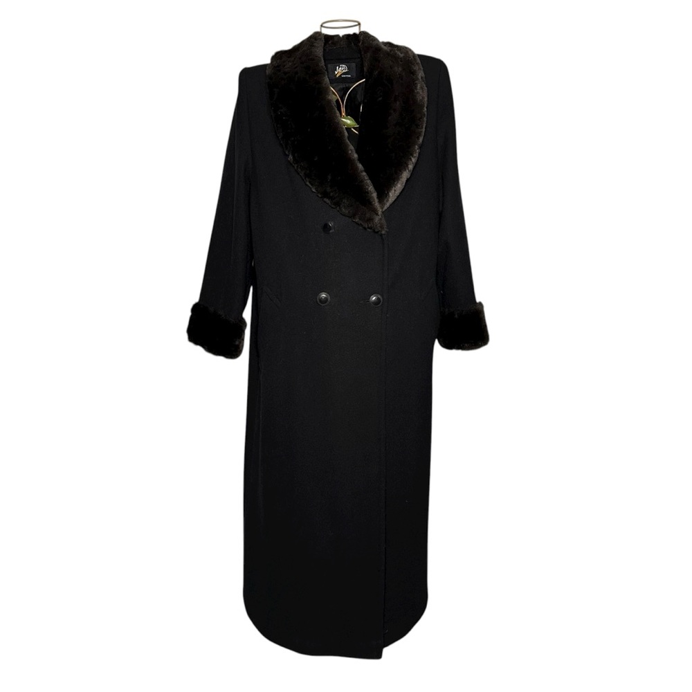 Vintage Black Trench Coat with Dark Brown Fur Accents